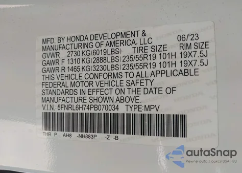 2023 Honda Odyssey Sport из США, поврежденный, VIN 5FNRL6H74PB070034